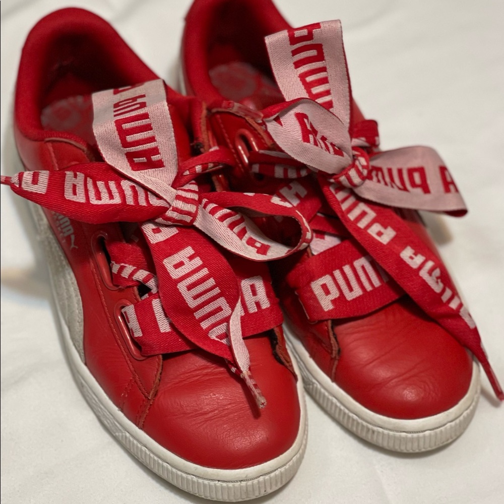 Puma sneakers, color: red, size: 7.5 in women, w/ bow laces